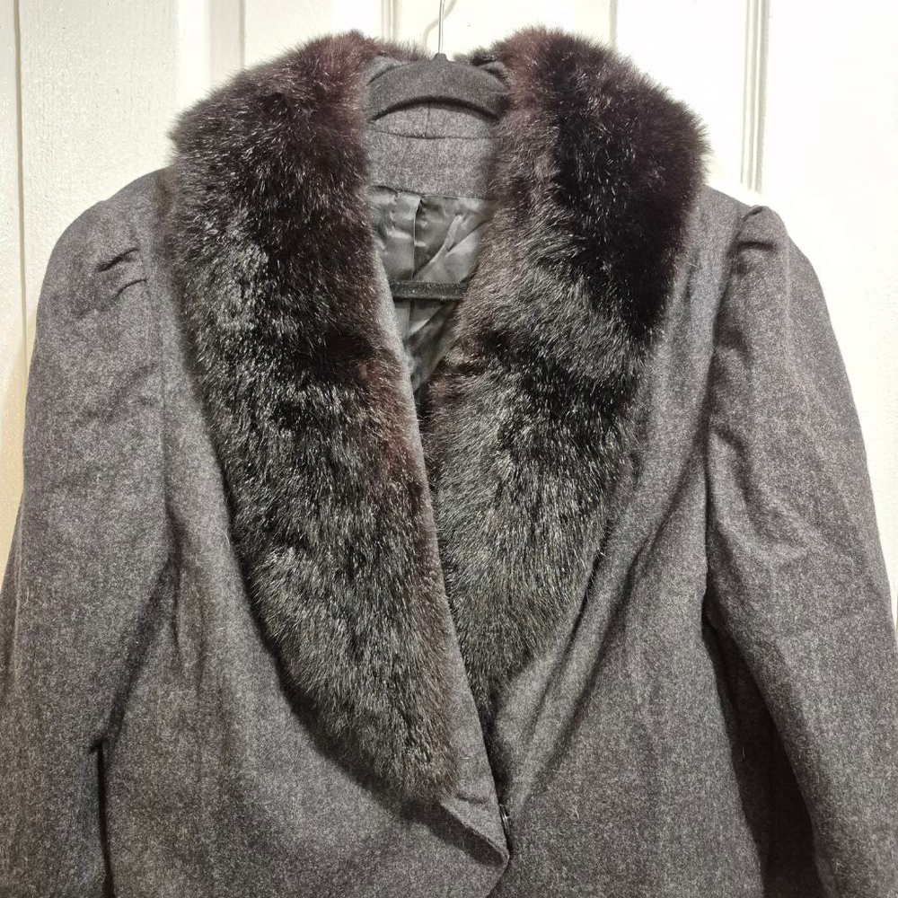 NORGALL LTD. Grey‎ Wool Cropped Jacket with Dark Brown Fur Collar XL - Picture 3 of 7